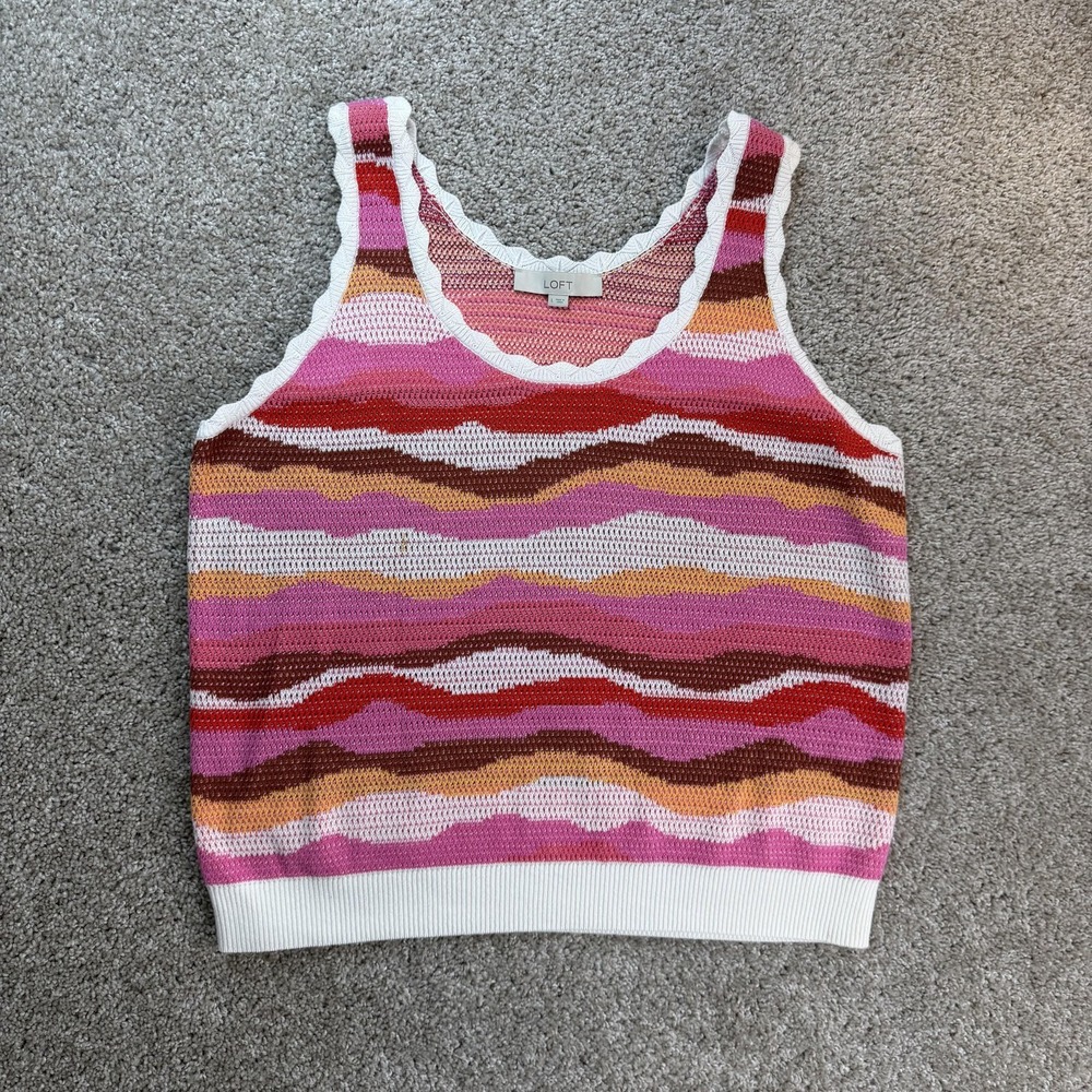 LOFT Sweater Vest Womens Large Multicolor Striped Scoop Neck Open-Knit Ruffle